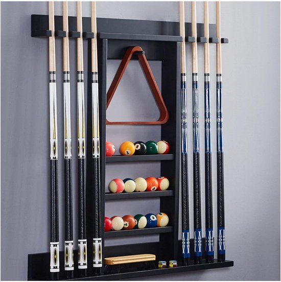 Keu Rek - Biljart Hanger - Speelkamer Organiseren - Massief Eikenhout - Voor 8 Keuen - Zwart