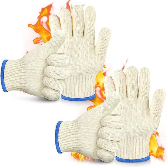 Keukenhandschoenen met vingers, hittebestendig tot 250 °C, ideaal voor barbecue en bakken, 2 paar dik gebreid katoen voor optimale grip
