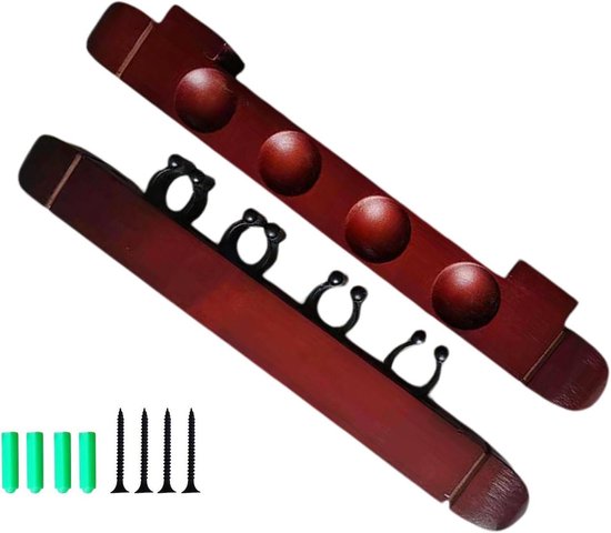 Keurek Hout - Biljartstick Houder - Speelkamer Organiseren - 4 Zachte Clips - 27 cm Lengte - Bordeauxrood