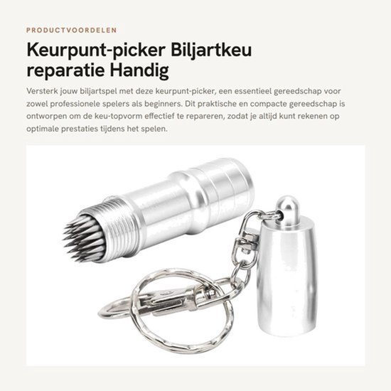 Keurpunt-picker Roestvrij Staal - Dubbele Puntenpicker - Sleutelhanger - Compact - Duurzaam - Voor Biljartliefhebbers - Keu-reparatiegereedschap