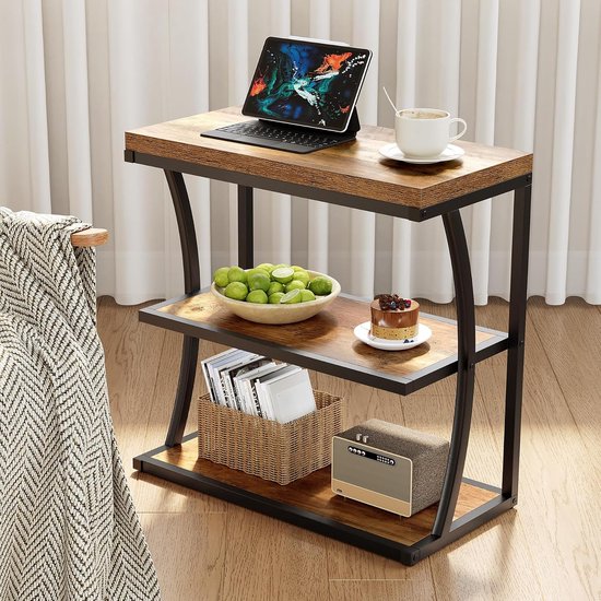 Kleine smalle bijzettafel, bijzettafel van metaal in landelijke stijl voor de woonkamer, dun nachtkastje van hout met opbergruimte voor slaapkamer, kleine ruimtes, nachtkastje, kantoor