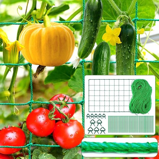 Klimnet voor Klimplanten, 2 m x 5 m, Ondersteuning voor Komkommers, Tomaten en Groenten met 50 Plantbinders en 10 Clips