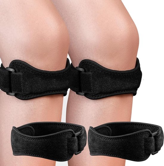 Kniebandage set van 2, zwart, schokabsorberend, verstelbaar voor sport en outdoor activiteiten, stabilisatie en ondersteuning voor knieën tijdens bergwandelen en andere sporten
