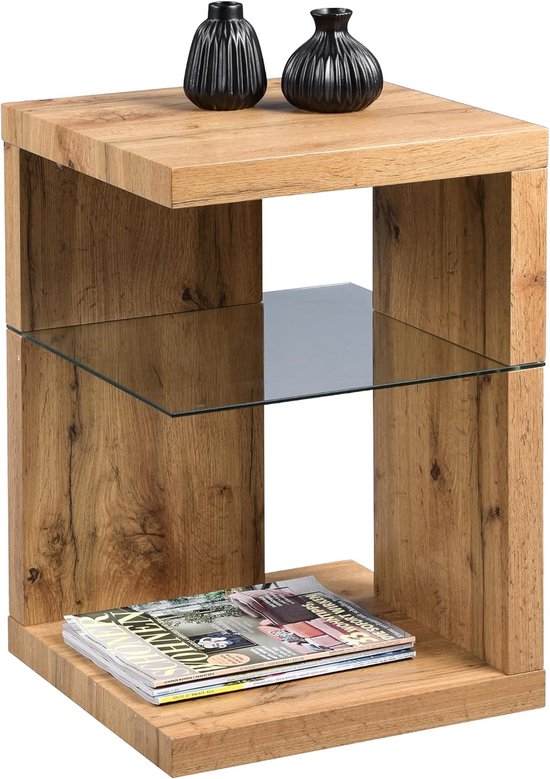 Kollektion Domingo Bijzettafel/nachtkastje, MDF, veiligheidsglas, wild eiken, 40 x 40 x 60 cm