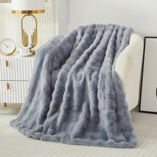 Konijn Pluche Harig Dekentje Zachte Woondeken Dik 1000GSM Flanellen Deken Bankdeken Warme Overgooideken Sofadeken Veelzijdig Dekentje Voor Bed Bank Slaapkamer Kantoor Lichtgrijs 100x160cm