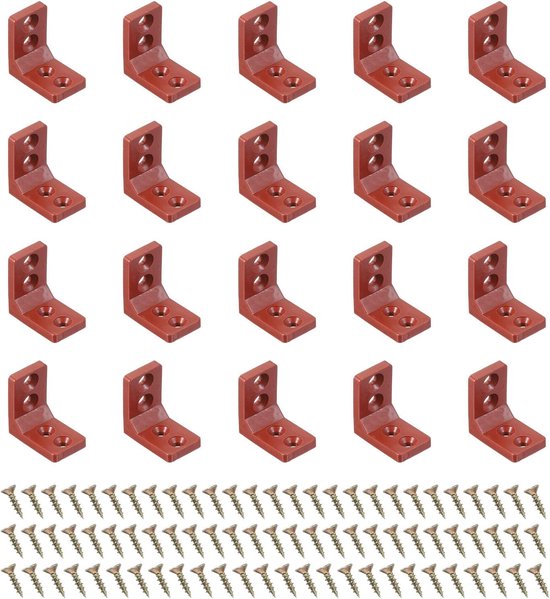 Kunststof hoekhoek 27x27x16,5 mm, set van 20 L-vormige hoekhouders, rechthoekige plankdragerrek met schroeven voor bevestiging van meubels, kastframe, bruin