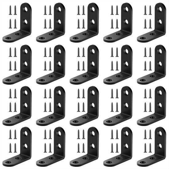 L-vormige hoekbeugels van roestvrij staal met schroeven voor meubels, planken en kasten - 20 stuks zwart (50x50mm)