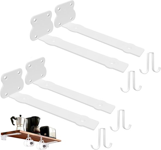 L-vormige planksteunen 20 cm, 2 paar witte steunen met 4 dubbele haken, ideale oplossing voor DIY projecten en wanddecoratie thuis