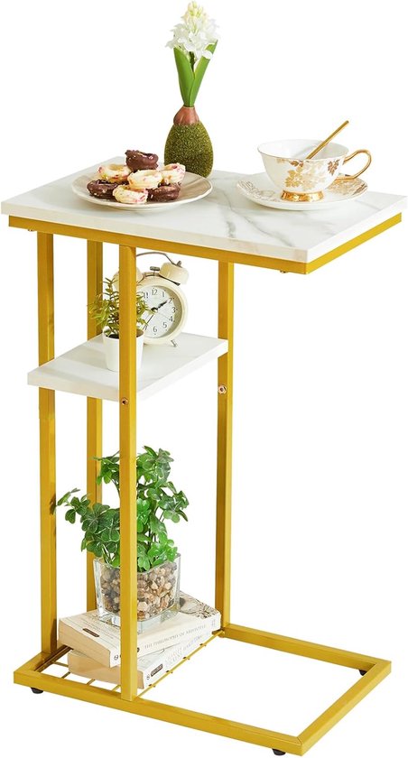 Lage bijzettafel, bankpunt, C-vorm met 2 etages, opslag, metalen frame, voor woonkamer, slaapkamer, balkon, kantoor, 40 x 26 x 61,5 cm, marmer wit en goud HST004W