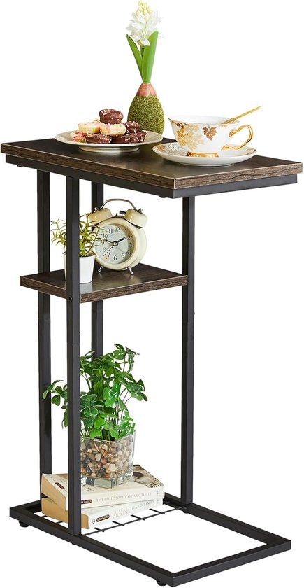 Lage bijzettafel, bankpunt, C-vorm met 2 etages, opslag, metalen frame, voor woonkamer, slaapkamer, balkon, kantoor, 40 x 26 x 61,5 cm, zwart/grijs HST004G