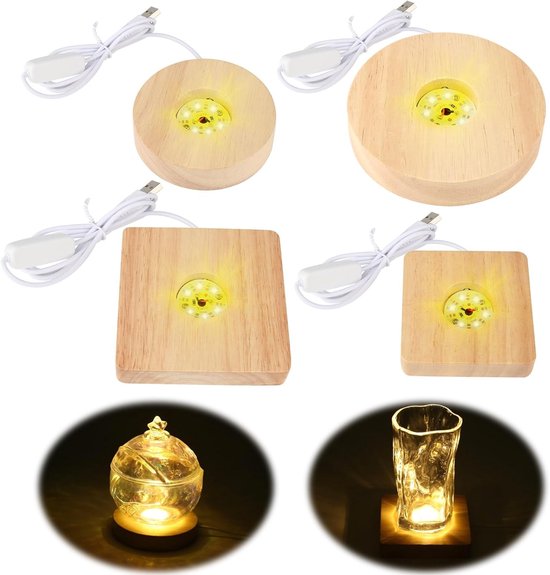 LED Verlichting Basis voor Acryl en Glas - Houten Vierkante en Ronde Ondersteuning met USB Kabel voor Kristallen Ballen en Decoratieve Verlichting (Warm Licht)