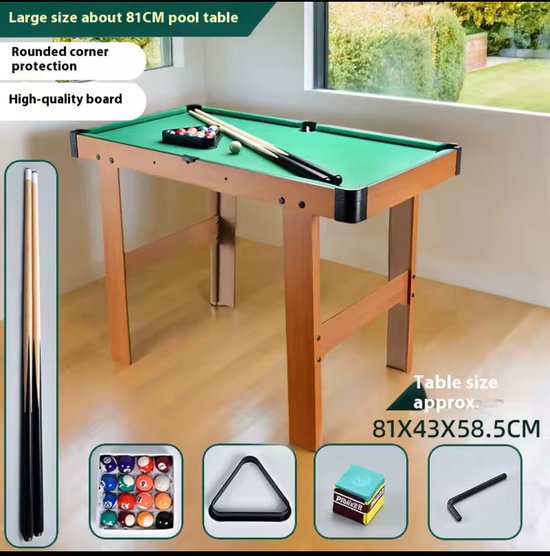 Luxe opklapbare Pooltafel bruin/groen . Pooltafel voor thuis - Poolbiljart tafel inclusief één set poolballen, triangel, 2 keuen, biljartkrijt en een borstel snookertafel - 81x43x58