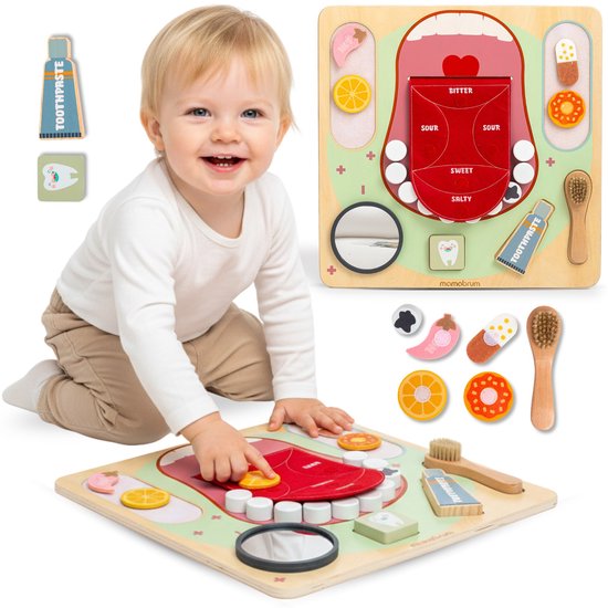 Mamabrum Montessori Houten Tandartsbord – Educatief Sensorisch Dentist Speelbord met Verwijderbare Tanden, Smaken, Spiegel & Accessoires – 18m+ van Mamabrum