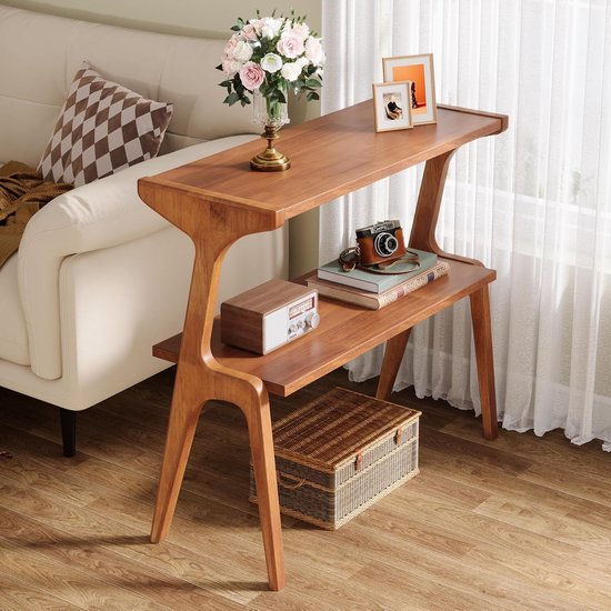 Massief Hout Tafel Hoge Smal Opbergplank Eind 2-Tier Slanke Sofa Tafel voor Woonkamer, Modern