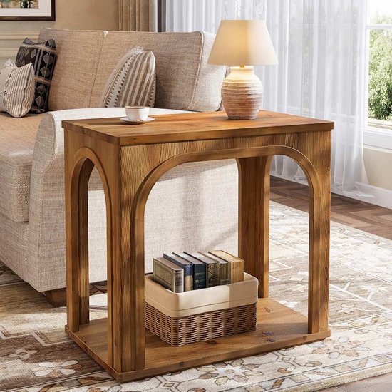 Massief houten bijzettafel, 2 verdiepingen met boogdesign, landhuis, nachtkastje voor woonkamer en slaapkamer, rustiek bruin, compact, eenvoudige montage