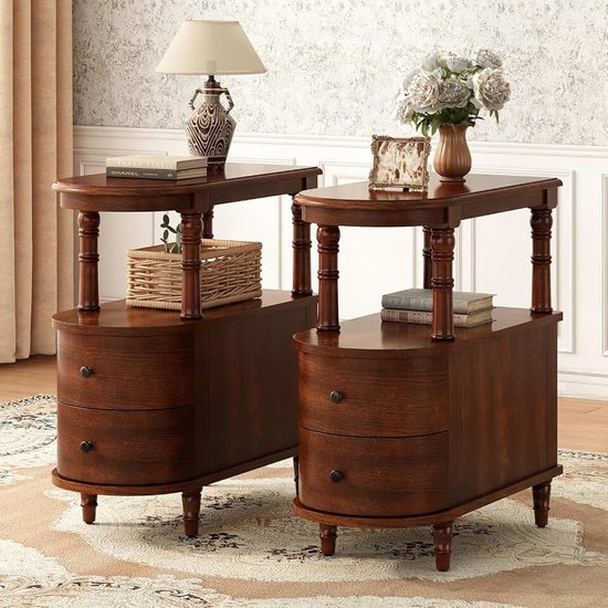 Massief houten bijzettafel met 2 laden, smalle woonkamertafel met opbergrek, vintage slim sofatafel, koffietafel, kersennotenhout (2, bruin)