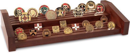 Massief houten challenge-munten display 2-traps - militaire collectie doos met 8 rijen muntenhouder voor 70-105 munten, donkerbruine bureaudecoratie van echt hout