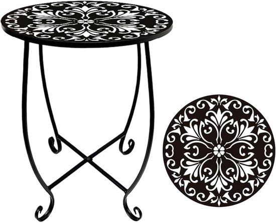 Metalen bijzettafel voor buiten, 25 cm B x 38 cm H, kleine ronde zwarte terrastafel, bedrukt met bloemenpatroon voor balkon, terras, tuin
