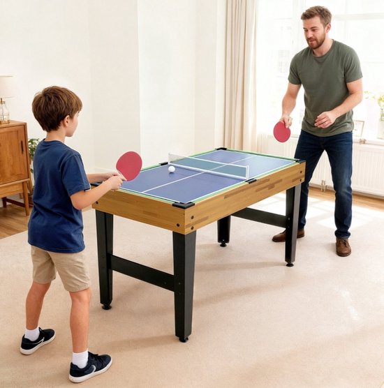 MEUNIQ 13-in-1 multifunctionele speltafel 121 x 109 x 80 cm met verwisselbare speelbladen, tafelvoetbal, biljart, tafeltennis en schaak voor speelkamer of woonkamer, Walnoot