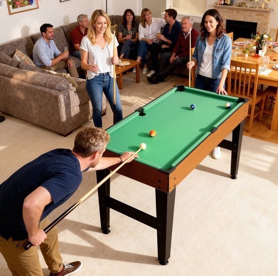 MEUNIQ 5-in-1 multispeltafel met biljart, tafelvoetbal, tafeltennis, tafelhockey en basketbal, stapelbaar speltafel voor thuis, 53 accessoires, walnoot