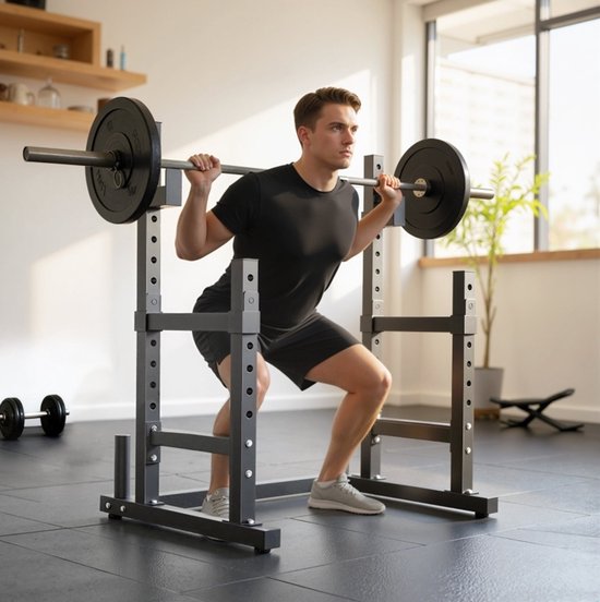 MEUNIQ Langhantelstandaard 2 niveaus verstelbaar squat rack met halterschijfhouders 110 x 91 x 145 cm staal voor thuisgym zwart tot 300 kg