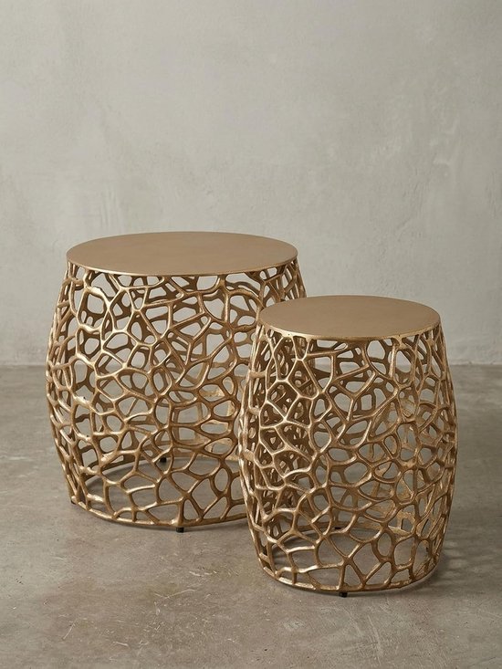 Mimiset van 2 ronde tafels aluminium takstructuur 46x46x42 cm goud