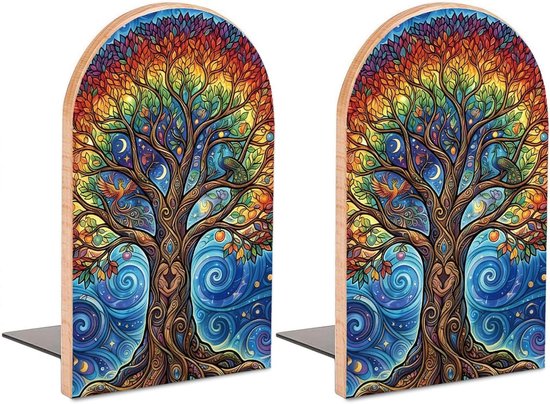 Moderne houten boekensteunen voor boekenplanken, decoratieve studieboekuiteinden, stoppers voor kantoor en bureau, 12,7 x 8 cm, 1 paar met levensboom design