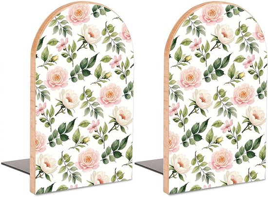Moderne houten boekensteunen voor planken, decoratieve studieboekeinden voor kantoor en bureau, 12,7 x 8 cm, set van 2 met bloemen en rozen, perfect voor boekenliefhebbers