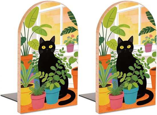 Moderne houten boekensteunen voor planken en bureau, decoratief en functioneel, 12,7 x 7,9 cm (1 paar) met potplant en kat