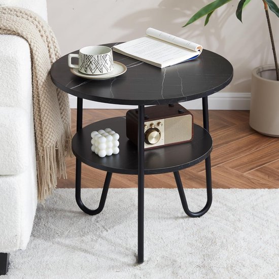 Moderne ronde salontafel, 2 planken, zwart, 50 × 50 × 48 cm, woonkamer, slaapkamer, balkon