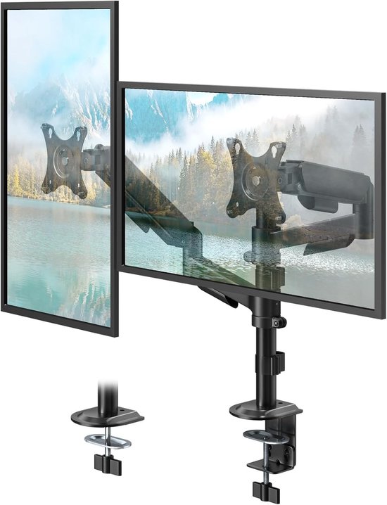 Monitorhouder voor 2 Schermen van 17-32 Inch met Hoogteverstelling, VESA 75/100mm, Kantelbare en Draaibare Bevestiging, Tot 9 kg per Arm