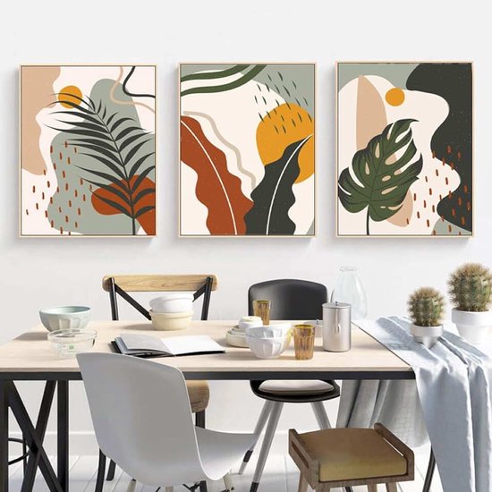 Monstera Blad Abstracte Botanische Posters en Prints Keuken Muur Art Planten Boho Canvas voor Woonkamer Decor 27.5"x39.5"(70x100cm) 3 stks Frameloos