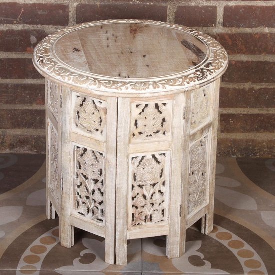 Moro Oosterse bijzettafel Nassiba 46x46x46 cm (B/D/H) rond in shabby wit van massief hout mango gesneden | kunsthandwerk uit Marrakesh | vintage salontafel | NH09204