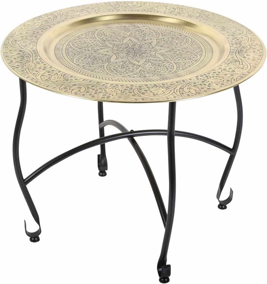 Moro Oosterse theetafel Doha D50 goud rond | Marokkaanse bijzettafel met gouden dienblad en inklapbaar frame in zwart | metalen shisha-tafel tuintafel | TA8050