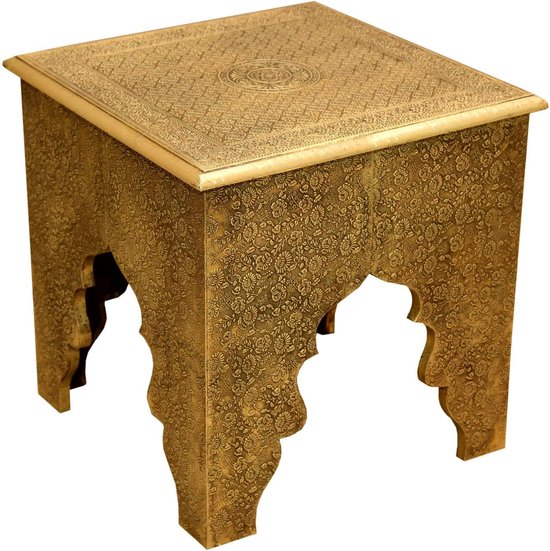 Moro Oriëntaalse bijzettafel Ilias hoogte 46 Ø 46 cm met filigraan messing inlays volledig bekleed in antiek gouden look | vintage salontafel banktafel | MA78-36