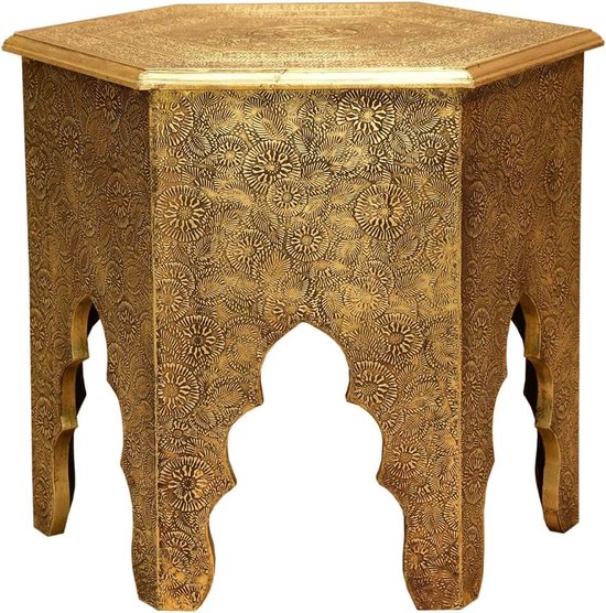 Moro Oriëntaalse bijzettafel Targa hoogte 46 x Ø 46 cm houten tafel compleet met messing ingelegd in antiek-gouden look | puur handwerk | MA77-345