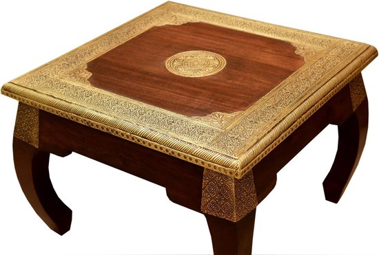 Moro Oriëntaalse opiumtafel messing L 54 x 54 x 38 cm (B/D/H) van Sheesham hout met messing ingelegd | massief hout bijzettafel in koloniale stijl | kunsthandwerk | MA5300