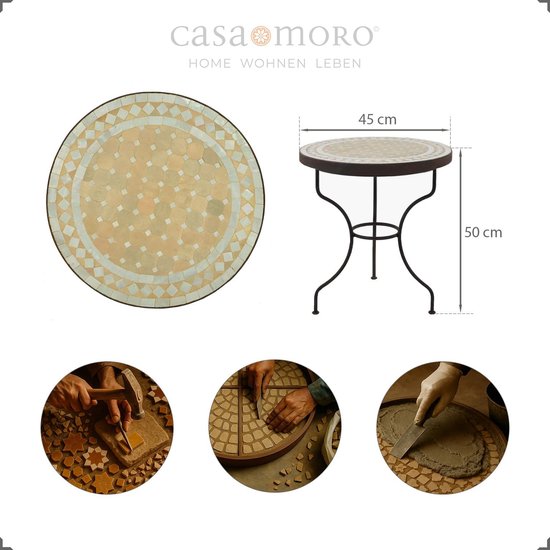 Moro Tafel met mozaïek rond – mozaïektafel voor balkon, woonkamer, terras en tuin – tafel bijzettafel met ijzeren frame – wit-terracotta