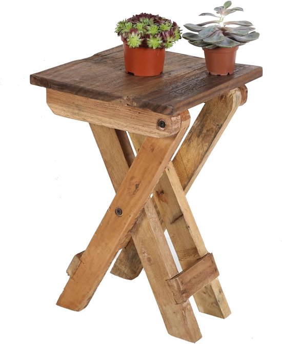 Moro Teak houten bijzettafel Leoni klapkruk klaptafel tuinkruk massief houten kruk bloemenkruk 30x30x48 cm naturel bruin