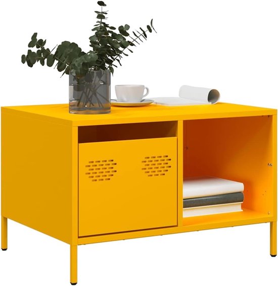 Mosterdgeel 68,5 x 50 x 43,5 cm koudgewalst staal industriële stijl bijzettafel met opbergruimte en verstelbare poten voor woonkamer slaapkamer