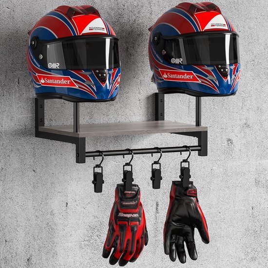 Motorcycle Rack Wandbeugel voor Motoren, Plaat Rack Display Organizer met Helm Hanger en Motoraccessoires voor Voetbal Enthousiastelingen