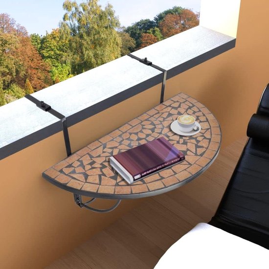 Mozaïek-balkontafel, hangtafel, balkonhangtafel, 76 x 56 x 64 cm, met keramisch tafelblad: 76 x 38 cm, halfcirkelvormig design, ijzeren buis + keramische tegels, terracotta en zwart