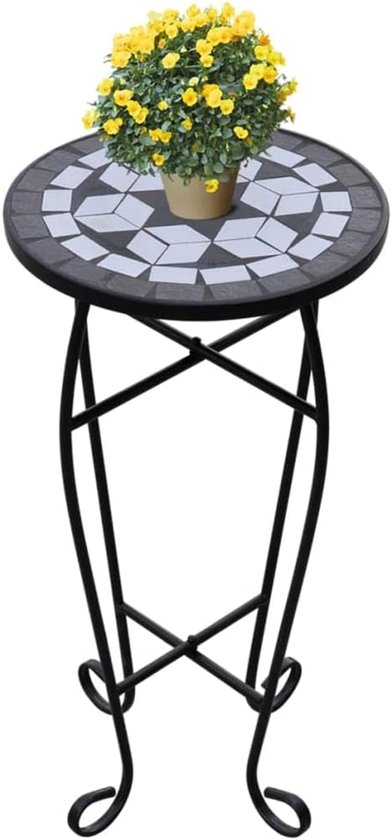 Mozaïek bijzettafel, 30 cm, weerbestendige mozaïektafel met ijzeren frame, zwart-wit tafelblad voor tuin, balkon, terras