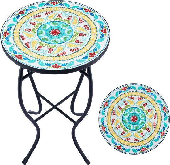Mozaiek Bijzettafel Ronde Retro Mozaiektafel Metalen Salontafel 35,5 x 54,5cm Bloemenkruk Plantenstandaard Bloemenrek met Mozaiek Top (Groen)