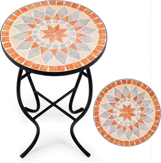 Mozaiek Bijzettafel Ronde Retro Mozaiektafel Metalen Salontafel 35,5 x 54,5cm Bloemenkruk Plantenstandaard Bloemenrek met Mozaiek Top (Oranje)