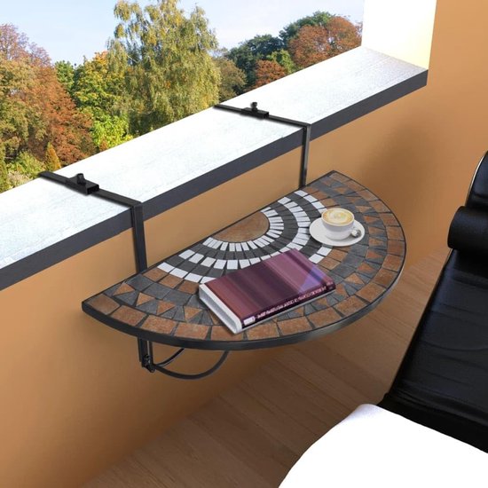 Mozaïek, terracotta en wit, halfronde hangtafel met keramische mozaïekplaat voor terrasleuningen tot 18 cm dikte, ijzeren houder, inklapbare bijzettafel