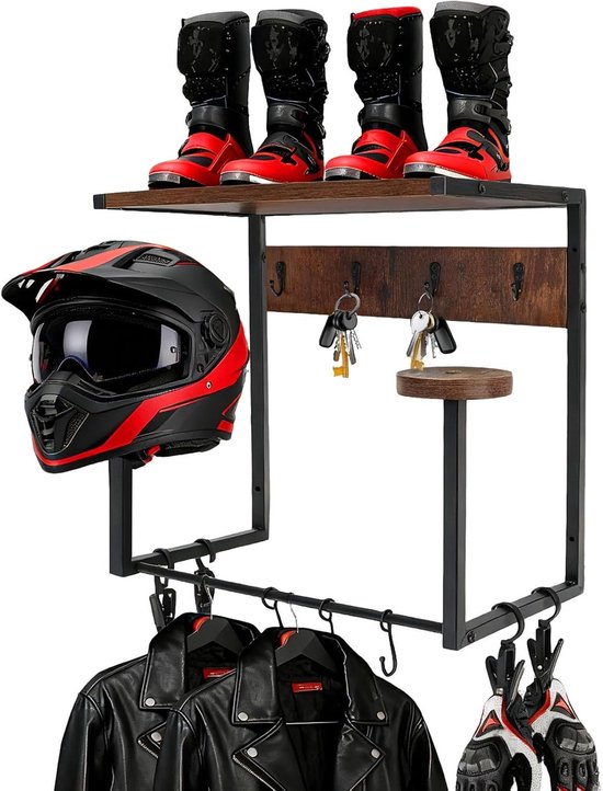Muurbeugel voor Helmen, Wandmontage voor Motorhelmen, Organiser met Houten Plank en 2 Helmensteunen voor Motor, Voetbal en Fietsen