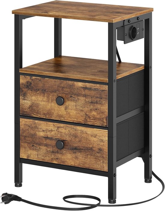 Nachtkastje met laadstation, bijzettafel, nachtkastje met 2 laden, banktafel met USB-poorten en planken, voor woonkamer, slaapkamer, vintage bruin en zwart, XET02CBRY1