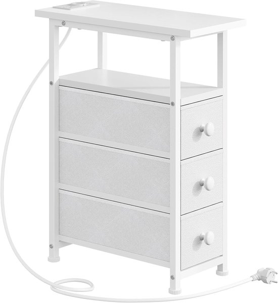 Nachtkastje met oplaadstation, 1 standaard stopcontact, 2 USB-poorten, slank bijzettafeltje, 3 lades van vliesstof, open vak, voor woonkamer en slaapkamer, Wit EWW482CBZ01