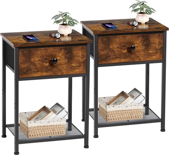 Nachtkastje met stoffen lade, industriële bijzettafels woonkamer met opbergplank, slank nachtkastje voor slaapkamer, kleine ruimtes, Bruin HET03SDBR